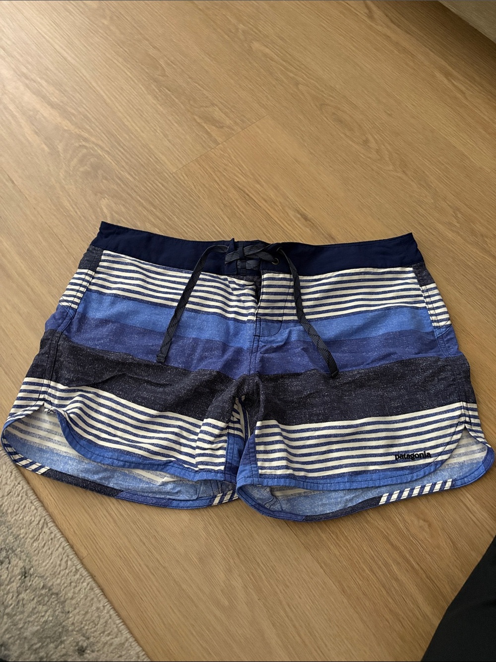 Patagonia Women’s  Navy and Blue Striped Athletic Swim Shorts